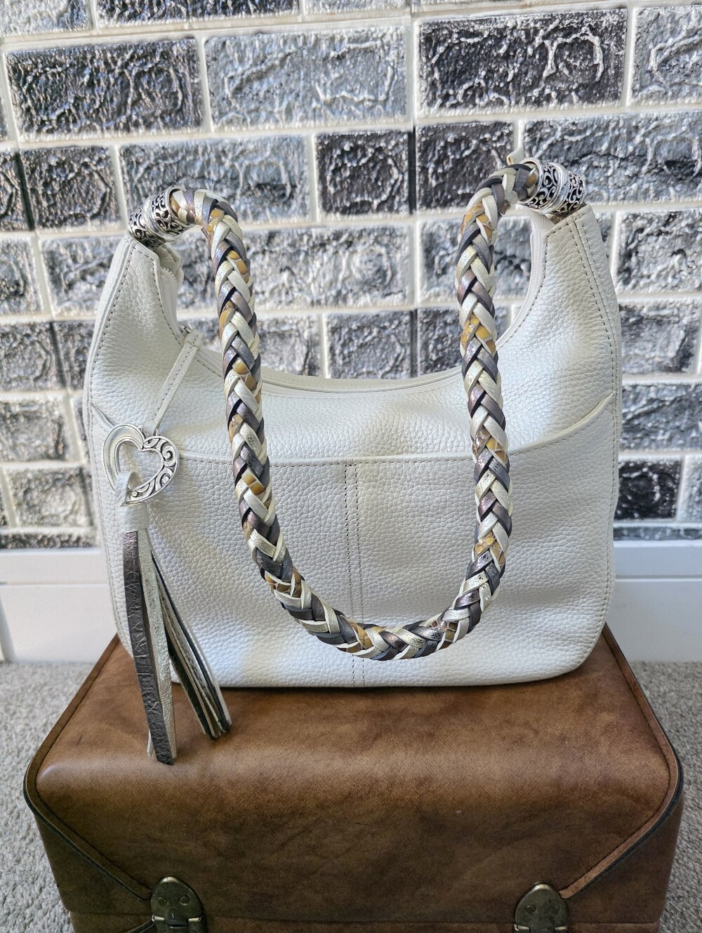 BRIGHTON Women's  Ivory Pearl Pebbled Leather Crossbod  Shoulder Bag